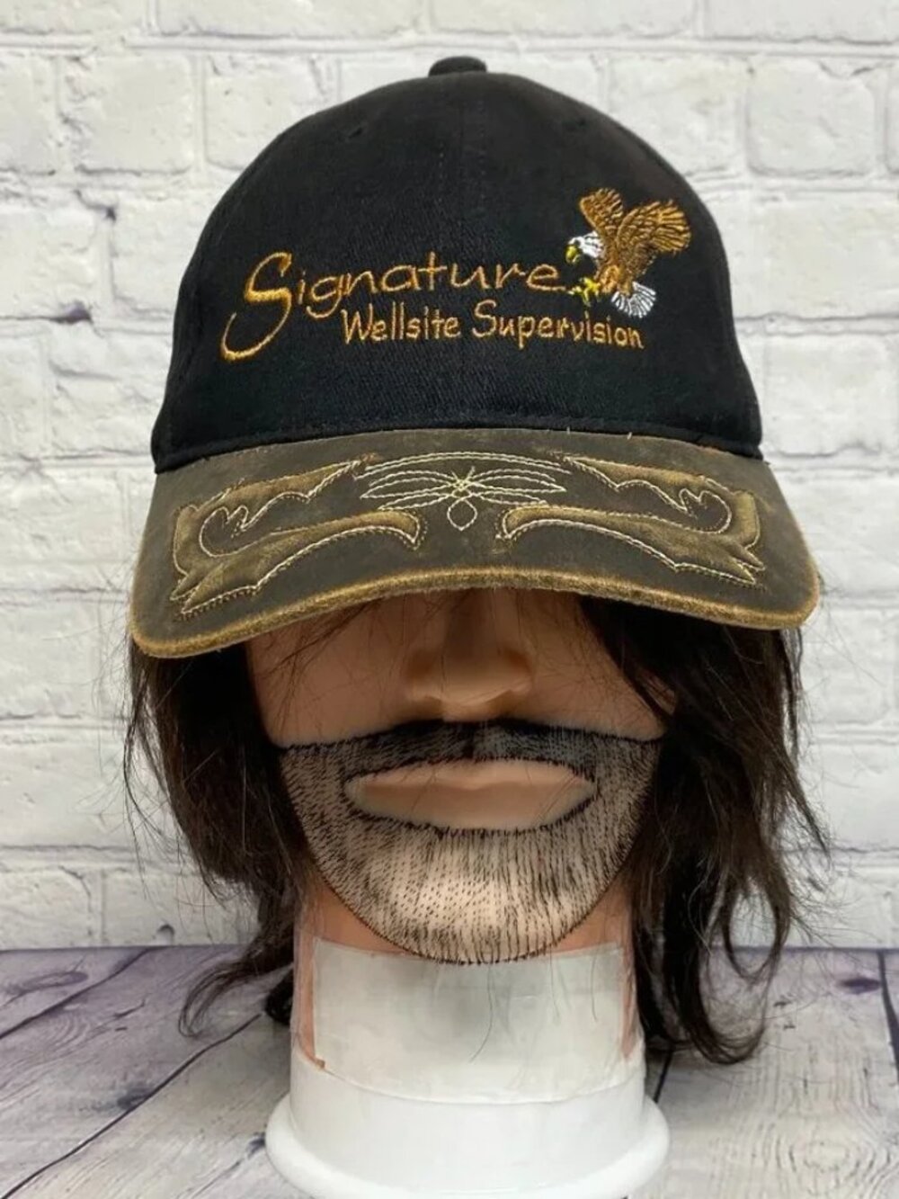 Vintage 90s Hat Cap Strap Back Black Signature Wellsite Supervision Eagle